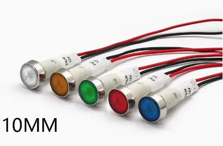 10mm stainless steel edge plastic indicator light with wire leads in multiple colours.