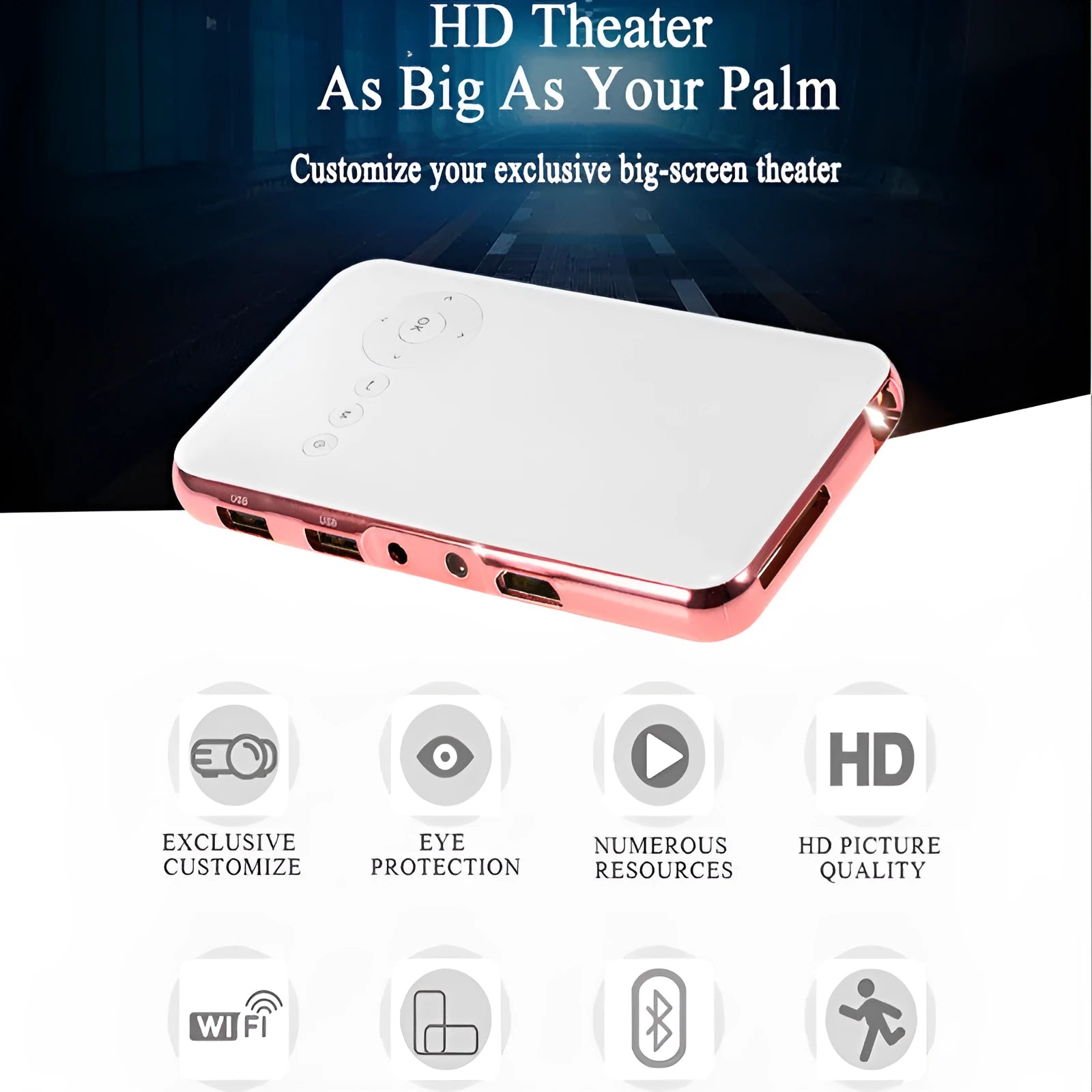 White and rose gold M6S miniature Android DLP projector showing compact size next to a smartphone for scale.