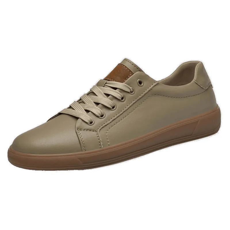 Spring fashion genuine leather low-top lace-up casual shoes for men, solid colour round toe, khaki colour