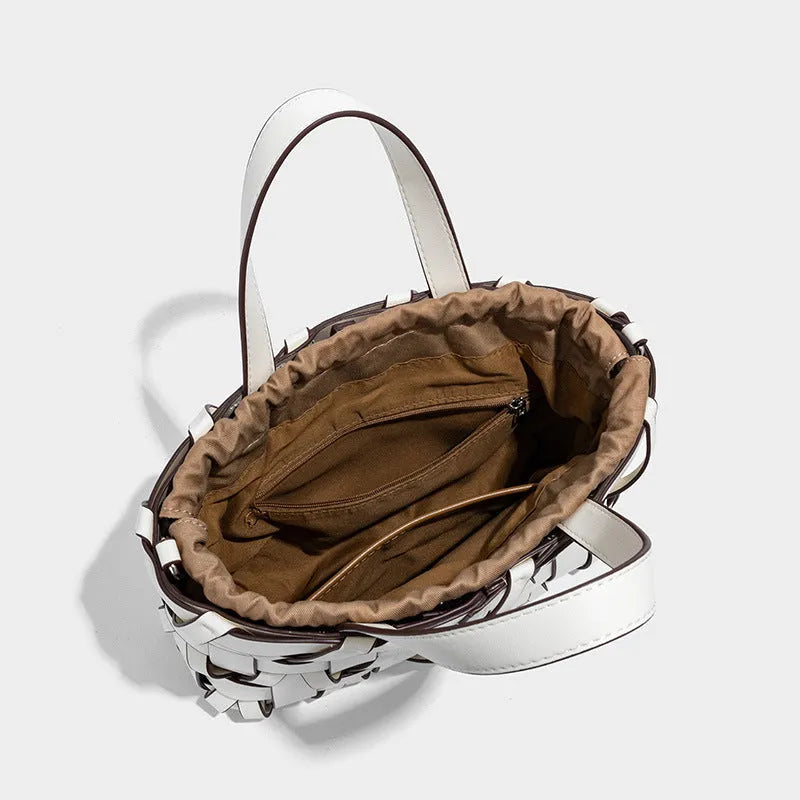 Women's hand-woven PU bucket handbag in summer colours with open outer pocket