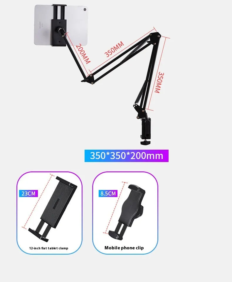 Black foldable metal cantilever bracket holding a tablet on a desktop, showing adjustable arms and clip.