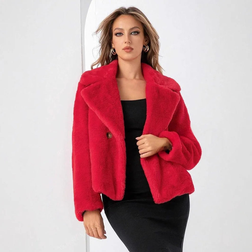 Women's short length loose fit faux fur coat in rose red colour with regular sleeves