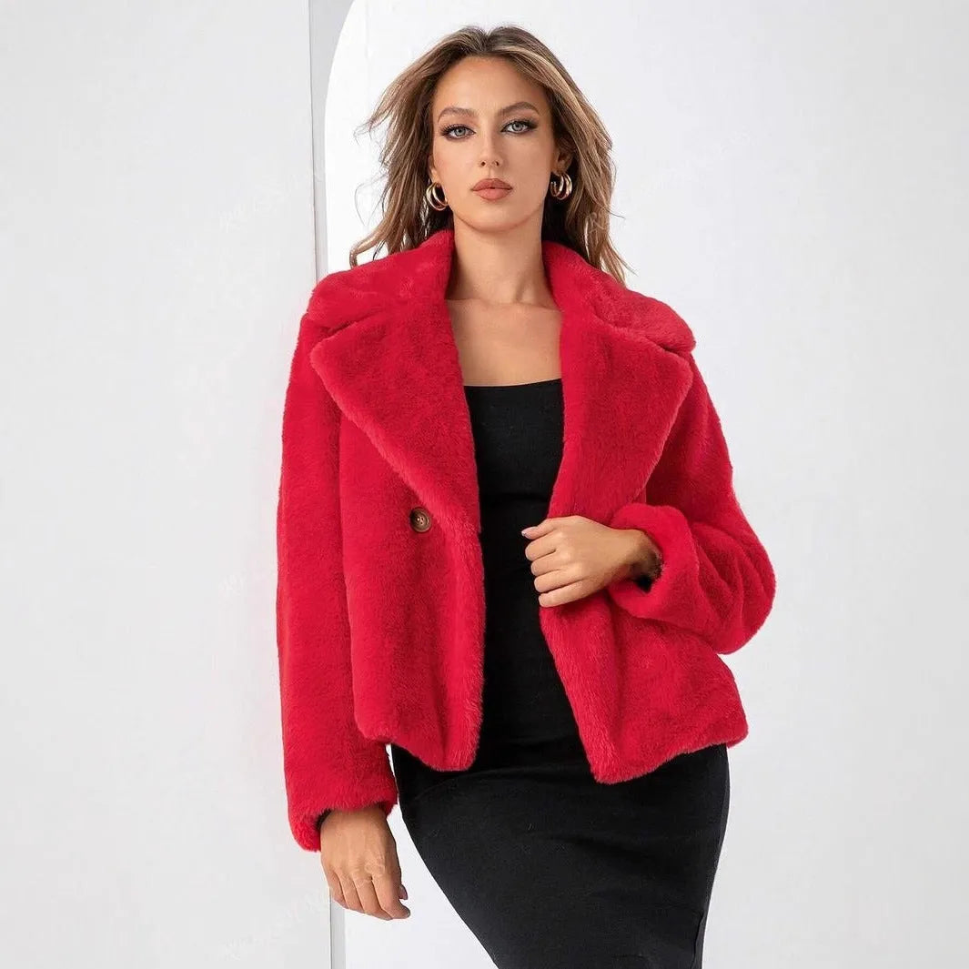 Women's short length loose fit faux fur coat in rose red colour with regular sleeves