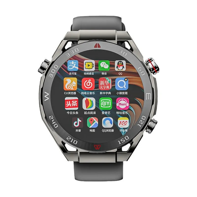 Black smart watch phone with 1.43-inch IPS screen, silicone strap, ceramic body, Android 9.0 and SIM support